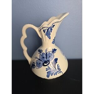 Vtg Hand painted Delft Blue White Pitcher Holland Floral Dutch Windmill 6"